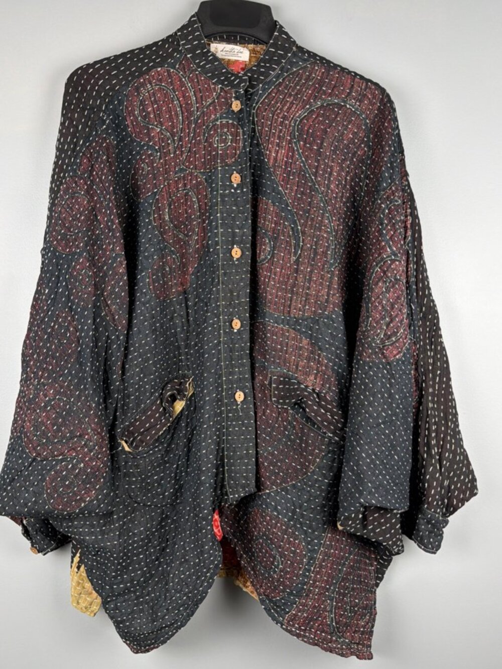 Kantha Bae Dylan Top Womens Free Size Black Bohemian Dolman Lagenlook Artsy Vtg